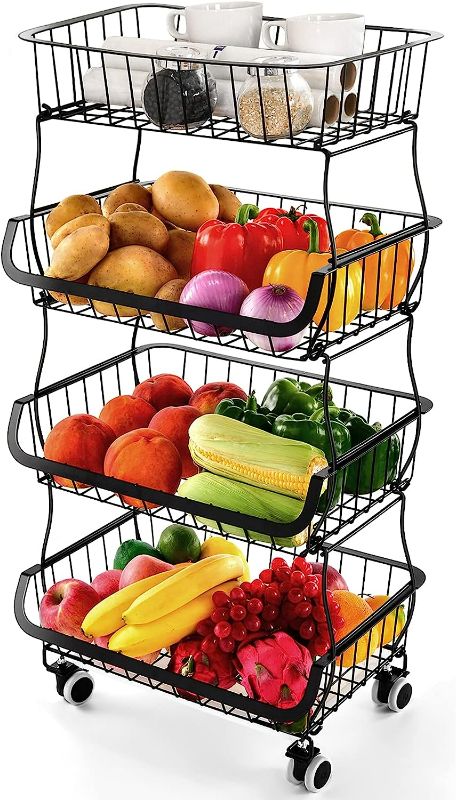 Photo 1 of Fruit Vegetable Storage Basket, 4 Tier Stackable Metal Wire Storage Baskets with Wheels, Fruit Vegetable Produce Basket Organizer Bins for Kitchen, Pantry, Bathroom