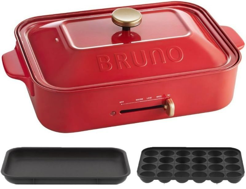 Photo 1 of BRUNO compact hot plate + takoyaki plate + ceramic-coated pot + grill plate 4-piece set (Red)