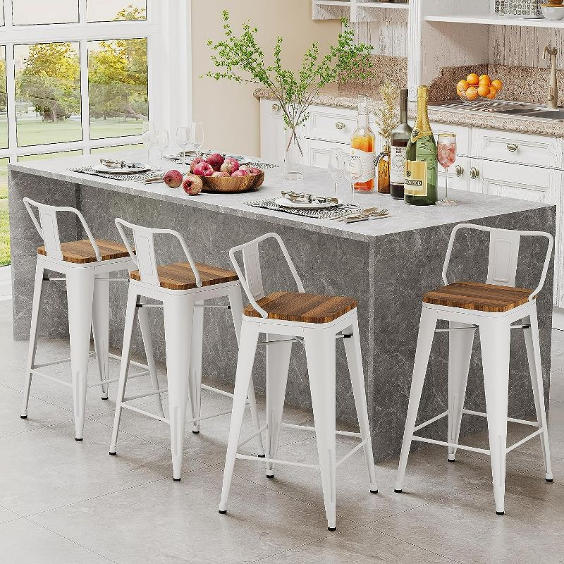 Photo 1 of Andeworld Bar Stools Set of 4 Counter Height Stools Industrial Metal Barstools with Wooden Seats( 24 Inch, Distressed White ) Distressed White 24 inch