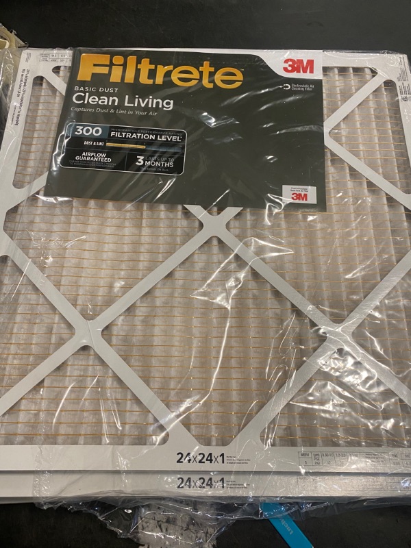 Photo 3 of Filtrete 24x24x1 Air Filter, MPR 300, MERV 5, Clean Living Basic Dust 3-Month Pleated 1-Inch Air Filters, 6 Filters 24x24x1 White