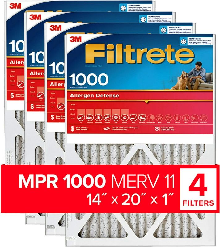 Photo 1 of Filtrete 14x20x1 Air Filter, MPR 1000, MERV 11, Micro Allergen Defense 3-Month Pleated 1-Inch Air Filters, 4 Filters