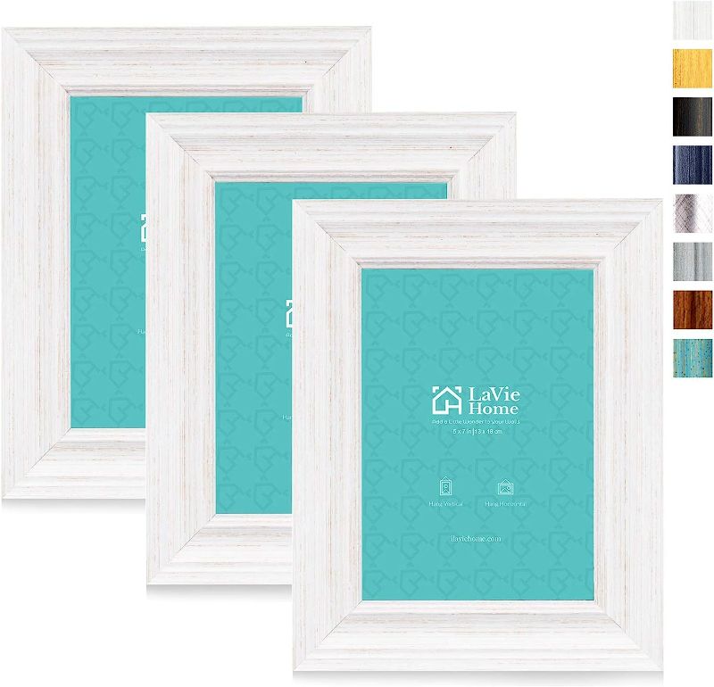Photo 1 of LaVie Home 5x7 Picture Frames (3 Pack, Distressed White Wood Grain) Rustic Photo Frame Set with High Definition Glass for Wall Mount & Table Top Display