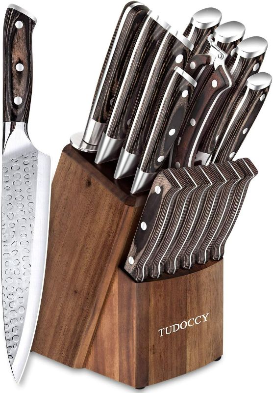 Photo 1 of Kitchen Knife Set, 16-Piece Knife Set with Built-in Sharpener and Wooden Block, Precious Wengewood Handle for Chef Knife Set, German Stainless Steel Knife Block Set, Ultra Sharp Full Tang Forged
