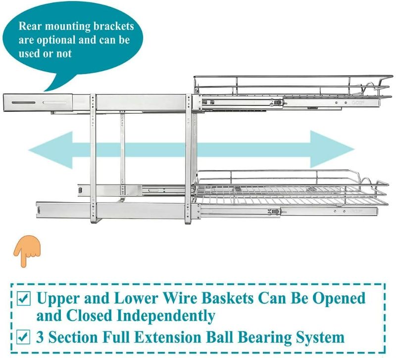 Photo 4 of OCG Pull Out Cabinet Organizer (20" W x 21" D), 2 Tier Pull Out Drawers for Kitchen Cabinets, Pull Out Shelves for Base Cabinet Organization in Kitchen, Bathroom, Pantry, Chrome Finish

