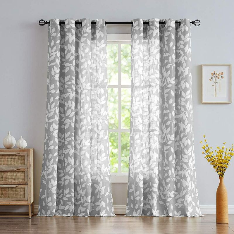 Photo 2 of Treatmentex White and Grey Curtains for Bedroom 84" Length Semi-Sheer Print Leaf Curtains for Living Room Windows, Grommet Top, 2 Pack
