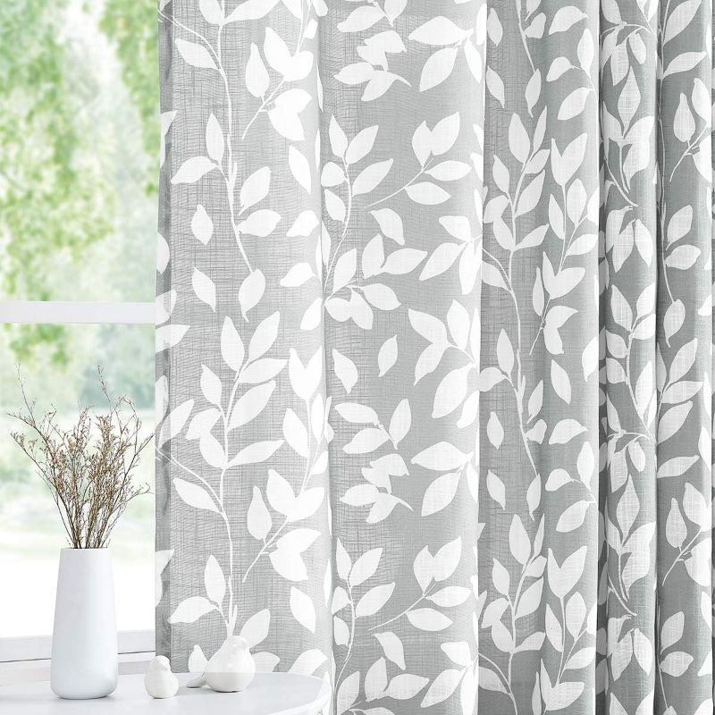 Photo 1 of Treatmentex White and Grey Curtains for Bedroom 84" Length Semi-Sheer Print Leaf Curtains for Living Room Windows, Grommet Top, 2 Pack
