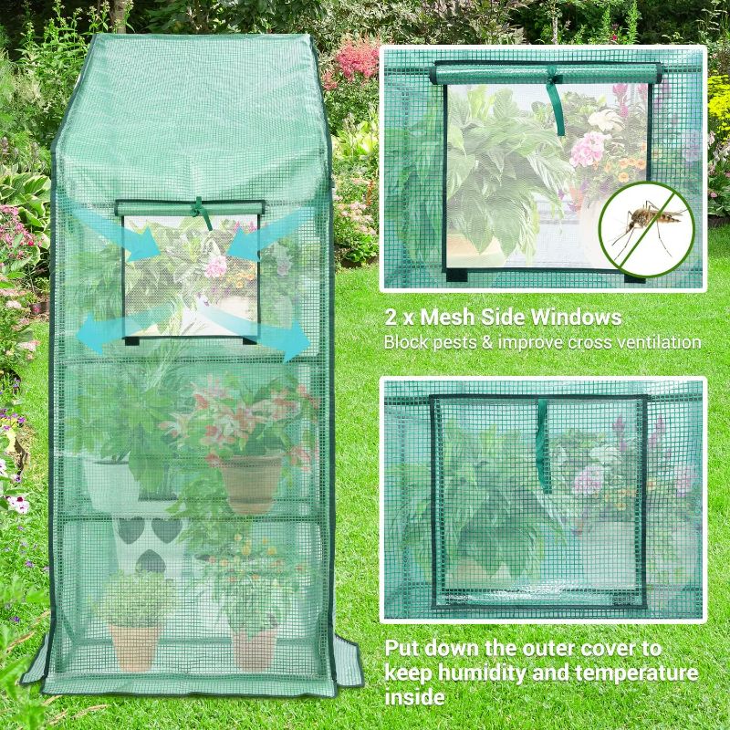 Photo 2 of Ohuhu Greenhouse for Outdoors with Mesh Side Windows, 3 Tiers 4 Shelves Small Walk-In Green House Plant Stands Plastic PE Cover Outside Portable Warm House for Seedling Flowers Growing, 4.8x2.5x6.4 FT

