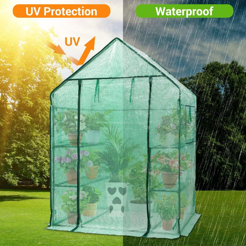 Photo 3 of Ohuhu Greenhouse for Outdoors with Mesh Side Windows, 3 Tiers 4 Shelves Small Walk-In Green House Plant Stands Plastic PE Cover Outside Portable Warm House for Seedling Flowers Growing, 4.8x2.5x6.4 FT
