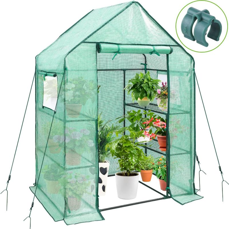 Photo 1 of Ohuhu Greenhouse for Outdoors with Mesh Side Windows, 3 Tiers 4 Shelves Small Walk-In Green House Plant Stands Plastic PE Cover Outside Portable Warm House for Seedling Flowers Growing, 4.8x2.5x6.4 FT
