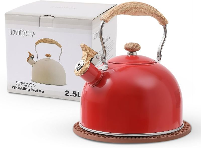 Photo 1 of Red Tea Kettle, 2.5 Quart Whistling Tea Kettle, Tea Pots for Stove Top Food Grade Stainless Steel with Wood Pattern Folding Handle - Red
