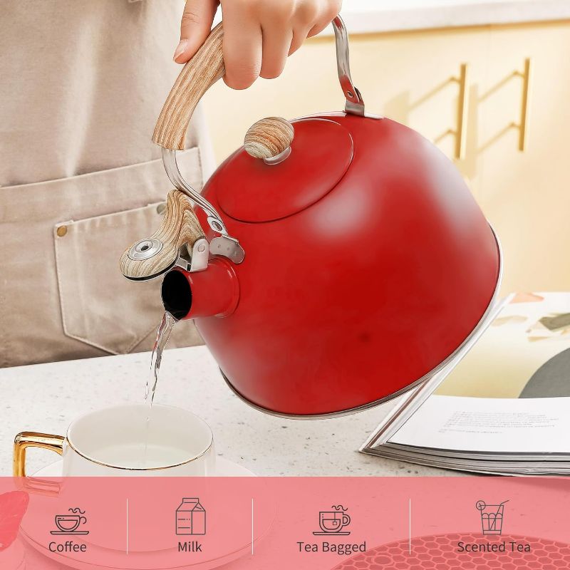 Photo 2 of LUXGRACE- Tea Kettle, 2.5 Quart Whistling Tea Kettle, Tea Pots for Stove Top Food Grade Stainless Steel with Wood Pattern Folding Handle - Red
