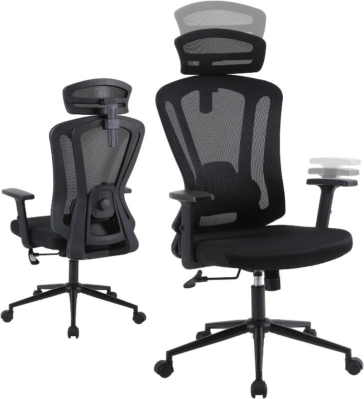 Photo 1 of FIYSKI- Home Office Chair, High Back Desk Chair with Adjustable Lumbar Support, 2D Armrest and Headrest, Black Mesh Computer Gaming Chair with Tilt Function
