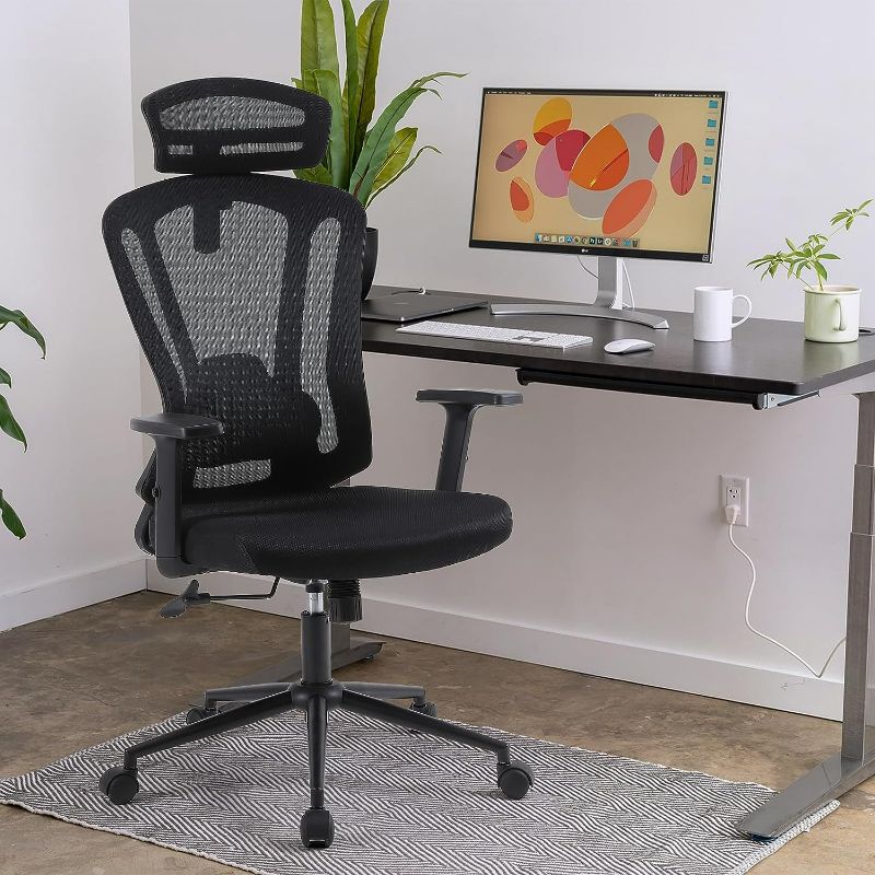 Photo 1 of FIYSKI- Home Office Chair, High Back Desk Chair with Adjustable Lumbar Support, 2D Armrest and Headrest, Black Mesh Computer Gaming Chair with Tilt Function
