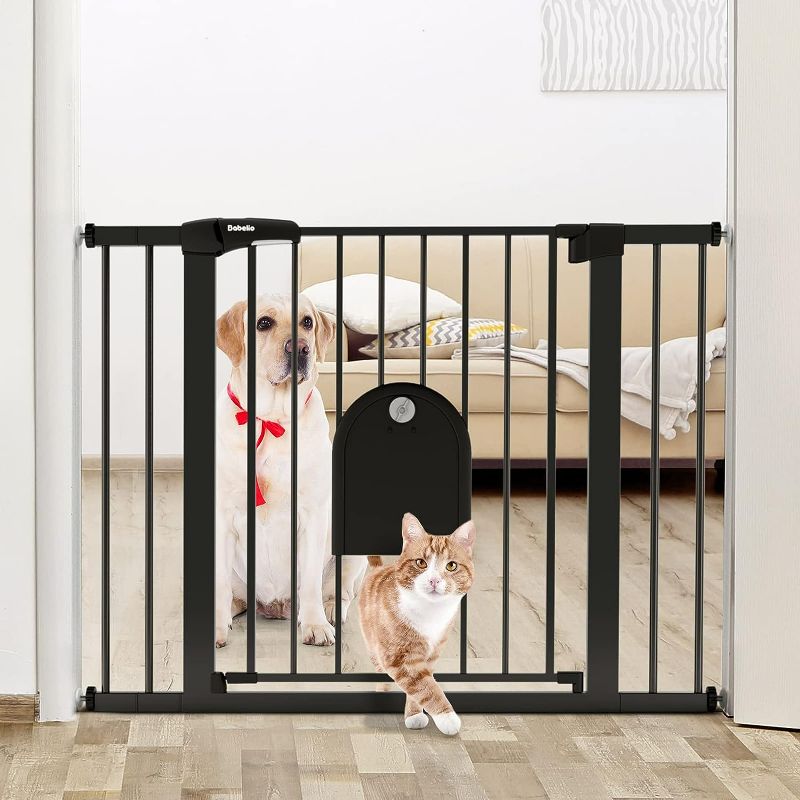 Photo 1 of Babelio Auto Close Baby Gate with Small Cat Door, 29-43" Metal Cat Gate for Doorway, Stairs, House, Easy Walk Thru Dog Gate with pet Door, Includes 4 Wall Cups and 3 Extension Pieces, Black
