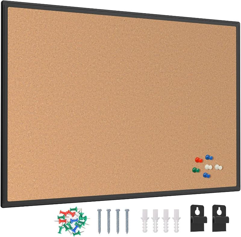 Photo 1 of Board2by Cork Board Bulletin Board 20 x 30, Black Aluminium Framed Corkboard, Office Board for Wall Cork, Large Wall Mounted Notice Pin Board with 16 Push Pins for School, Home & Office
