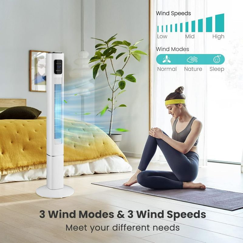 Photo 2 of AUTOTEC- 48" Tower Fan with Remote Control, Quiet Bladeless Household Fan w/ 3 Speeds, 3 Modes, 15H Timer & LED Display, 90° Oscillating Floor Standing Fan, Portable Circulating Fan for Home Office (White)
