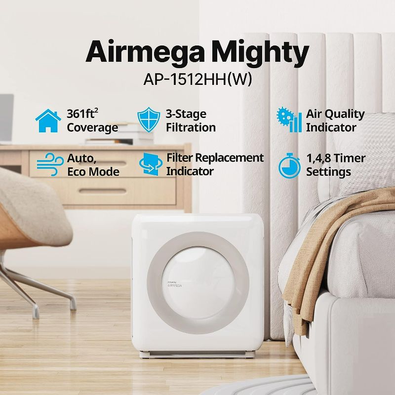 Photo 2 of Coway Airmega AP-1512HH(W) True HEPA Purifier with Air Quality Monitoring, Auto, Timer, Filter Indicator, and Eco Mode, 16.8 x 18.3 x 9.7, White
