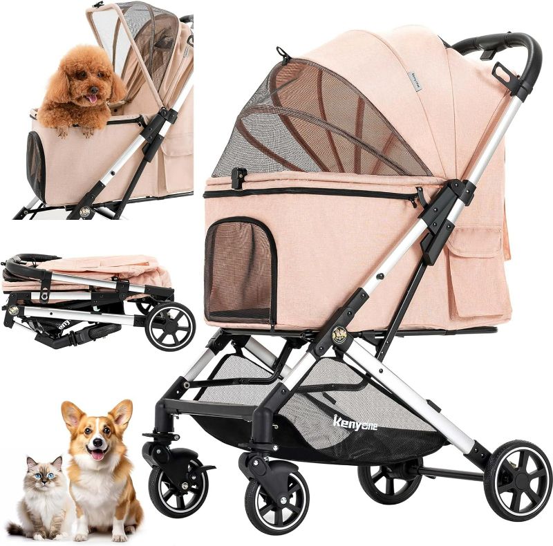 Photo 1 of Kenyone Pet Stroller for Small to Medium Dogs Durable Cat Stroller with Lightweight Aluminum Frame, One-Click Folding, No Zip Entry, PU Wheels, Multiple Pockets(Pink)
