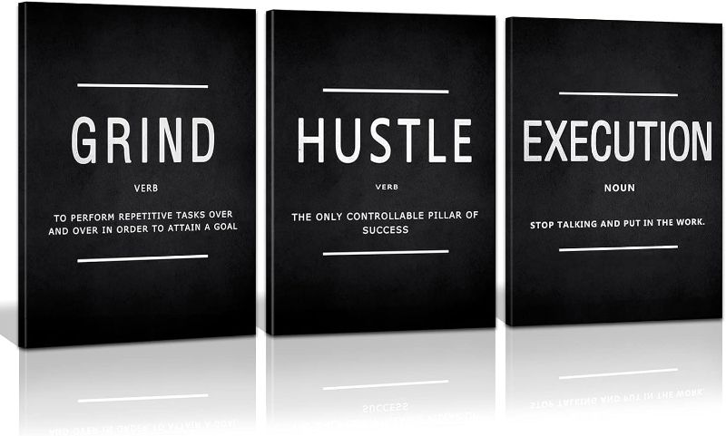 Photo 1 of Canvas Painting Wall Art, Grind Hustle Execution Motivational Wall Art Decoration Posters Prints for Living Room Bedroom, Office Decor, Gallery-Wrapped Canvas Art Set Framed 3PCS
