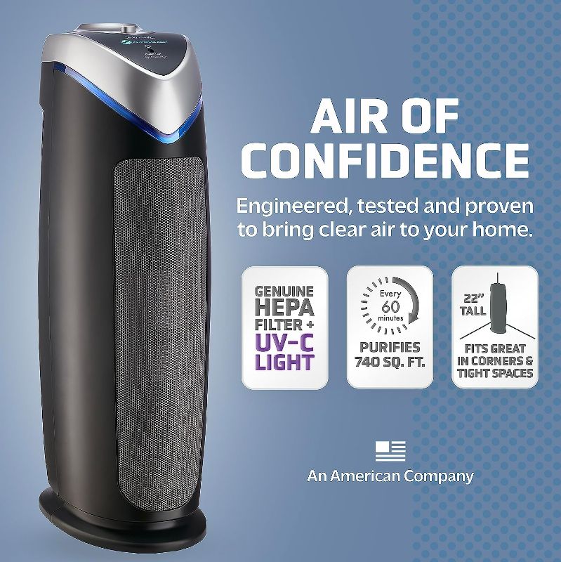 Photo 2 of GermGuardian Air Purifier with HEPA 13 Filter, Removes 99.97% of Pollutants, Covers Large Room up to 743 Sq. Foot Room in 1 Hr, UV-C Light Helps Reduce Germs, Zero Ozone Verified, 22", Gray, AC4825E
