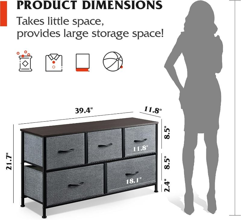 Photo 3 of WLIVE Dresser for Bedroom with 5 Drawers, Wide Chest of Drawers, Fabric Dresser, Storage Organizer Unit with Fabric Bins for Closet, Living Room, Hallway, Nursery, Dark Grey
