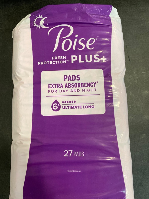 Photo 1 of Poise Incontinence Pads for Women, Ultimate Absorbency, Long, Original Design, 1 Single  Pack of 27)
