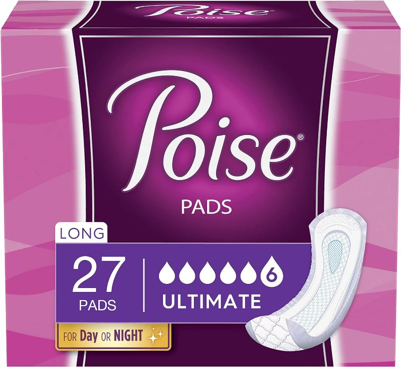 Photo 1 of Poise Incontinence Pads for Women, Ultimate Absorbency, Long, Original Design, 1 Single  Pack of 27)
