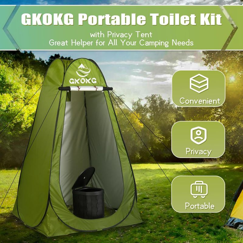 Photo 1 of GKOKG Portable Toilet with Pop Up Privacy Tent for Adults, Camping Portable Toilet Tent Kit Outdoor Emergency Folding Toilet Tent Kit, 2 in 1 Portable Potty Privacy Toilet Tent for RV Camping Travel
