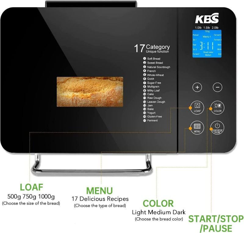 Photo 2 of KBS Large 17-in-1 Bread Machine, 2LB All Stainless Steel Bread Maker with Auto Fruit Nut Dispenser, Nonstick Ceramic Pan, Full Touch Panel Tempered Glass, Reserve& Keep Warm Set, Oven Mitt and Recipes
