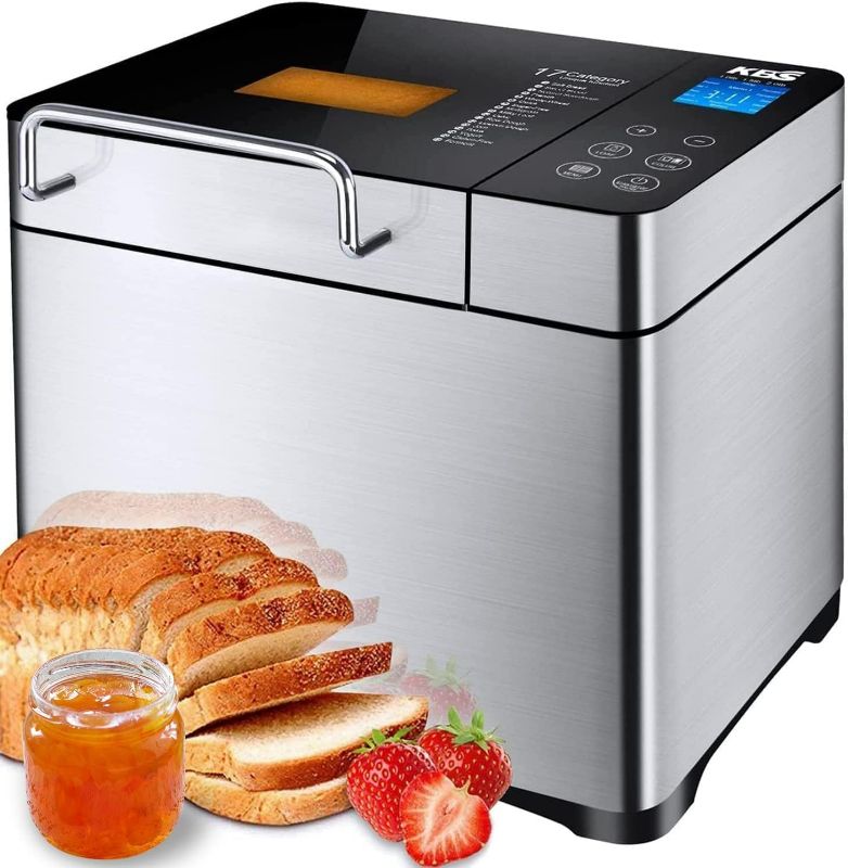 Photo 1 of KBS Large 17-in-1 Bread Machine, 2LB All Stainless Steel Bread Maker with Auto Fruit Nut Dispenser, Nonstick Ceramic Pan, Full Touch Panel Tempered Glass, Reserve& Keep Warm Set, Oven Mitt and Recipes
