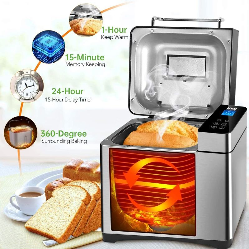 Photo 4 of KBS Large 17-in-1 Bread Machine, 2LB All Stainless Steel Bread Maker with Auto Fruit Nut Dispenser, Nonstick Ceramic Pan, Full Touch Panel Tempered Glass, Reserve& Keep Warm Set, Oven Mitt and Recipes

