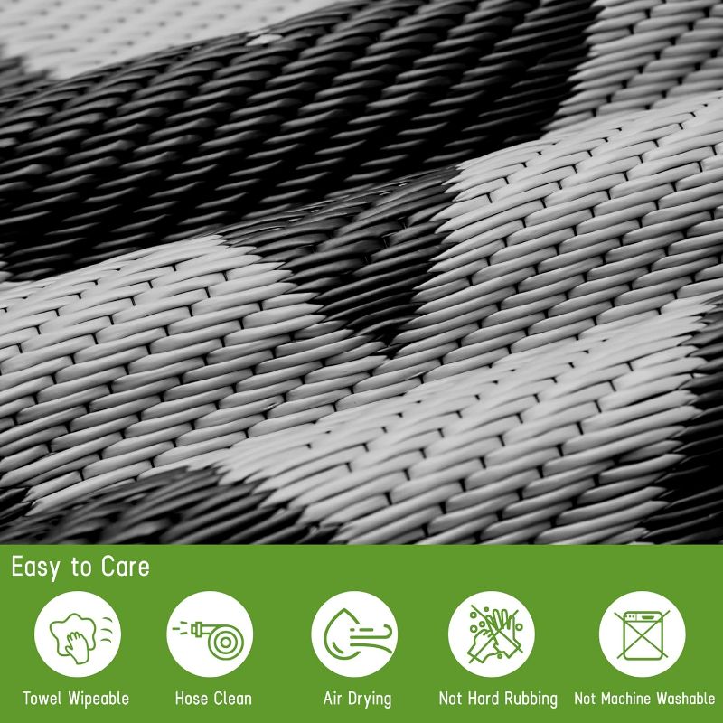 Photo 3 of Easy-Going Reversible Outdoor Rugs 9x12ft Waterproof Plastic Straw Rug Stain & UV Resistant Floor Mat for Patio Porch RV Backyard Pool Deck Picnic Beach Trailer Camping (Waved Black & Grey)

