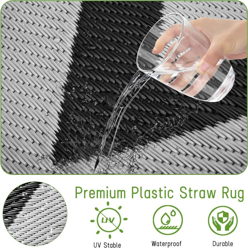 Photo 4 of Easy-Going Reversible Outdoor Rugs 9x12ft Waterproof Plastic Straw Rug Stain & UV Resistant Floor Mat for Patio Porch RV Backyard Pool Deck Picnic Beach Trailer Camping (Waved Black & Grey)
