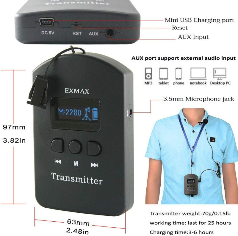 Photo 3 of EXMAX® EXD-6824 2.4G Hands-free Audio Tour Guide System with 9999 Channel ID for Interpreter to Simultaneous Interpretation,for Tour Guide to travel(2 Transmitters 30 Receivers & 32-slot Charge Case)
