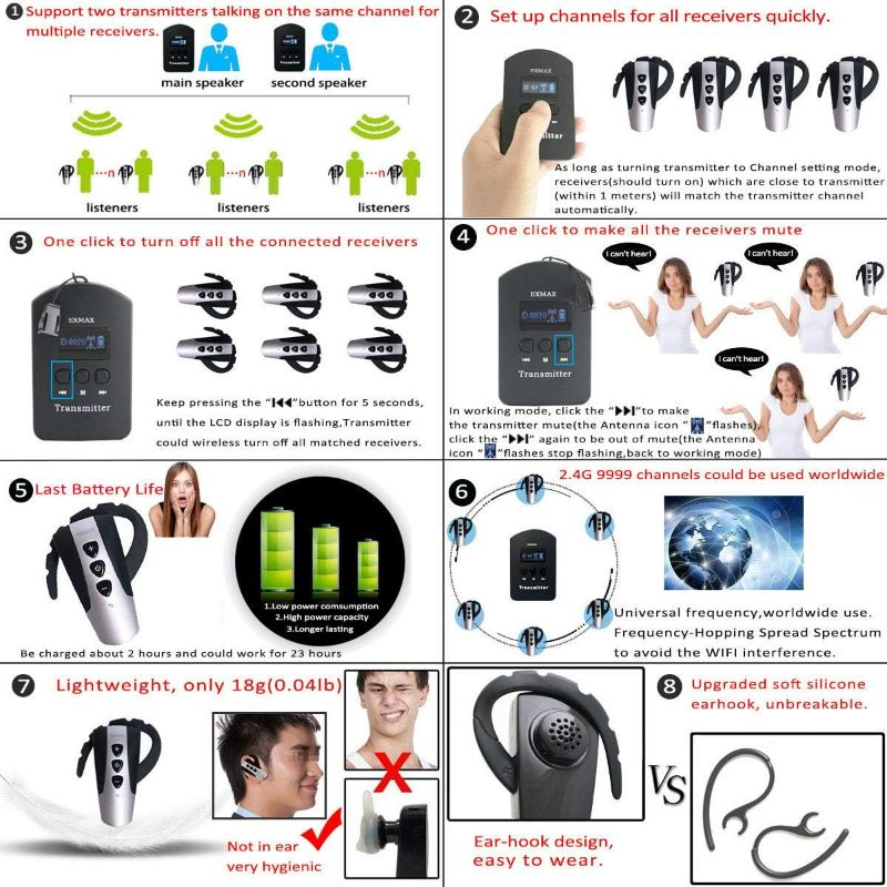 Photo 2 of EXMAX® EXD-6824 2.4G Hands-free Audio Tour Guide System with 9999 Channel ID for Interpreter to Simultaneous Interpretation,for Tour Guide to travel(2 Transmitters 30 Receivers & 32-slot Charge Case)
