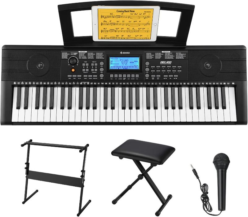 Photo 1 of Donner Keyboard Piano, 61 Key Piano Keyboard, Full Size Electric Piano with Piano Stand, Stool, Microphone and Piano Course App, Supports MP3/USB MIDI/Audio/Microphone/Headphones/Sustain Pedal
