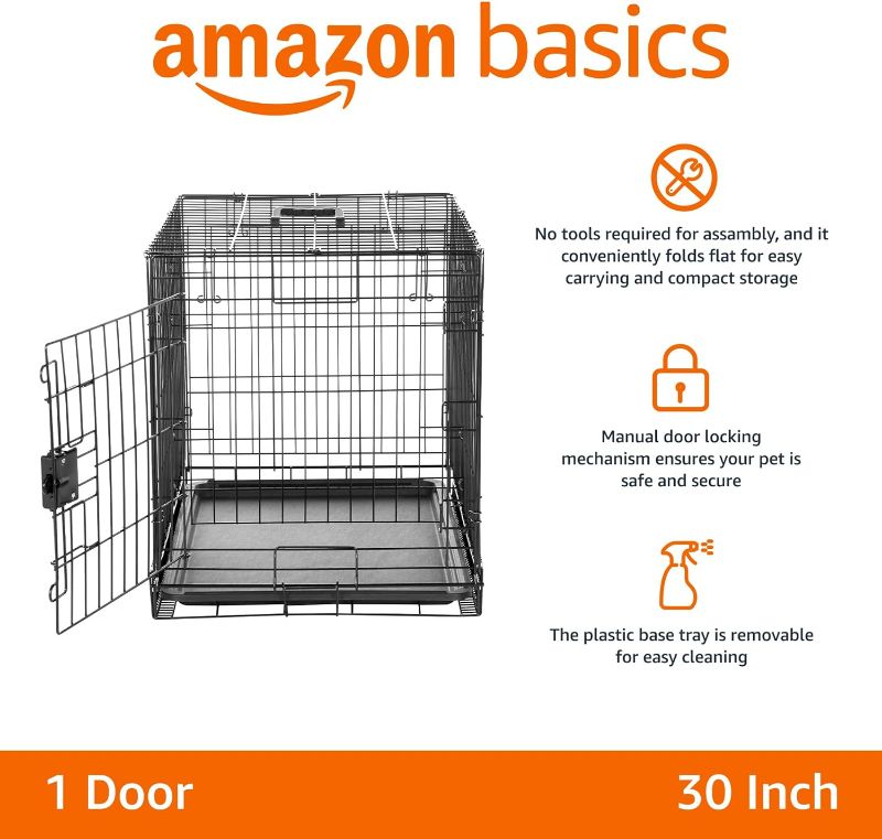Photo 2 of Amazon Basics - Durable, Foldable Metal Wire Dog Crate with Tray, Single Door, 30 x 19 x 21 Inches, Black

