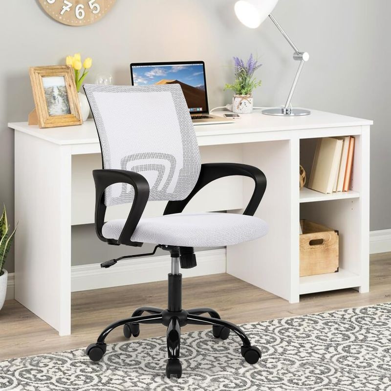 Photo 1 of  Office Computer Desk Chair Gaming - Ergonomic Mid Back Cushion Lumbar Support with Wheels Comfortable Blue Mesh Racing Seat Adjustable Swivel Rolling Home Executive (WHITE)
