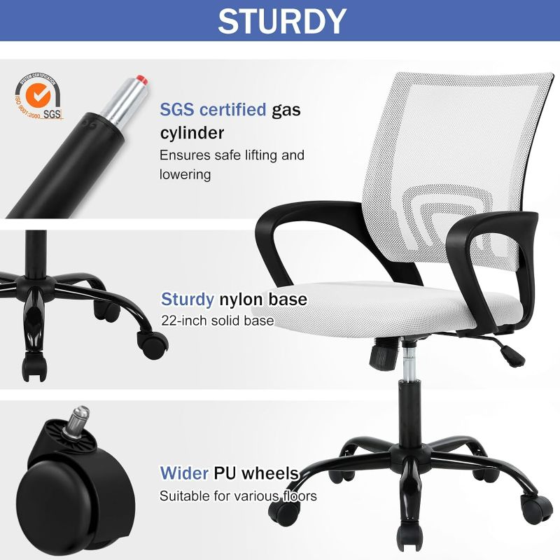 Photo 2 of  Office Computer Desk Chair Gaming - Ergonomic Mid Back Cushion Lumbar Support with Wheels Comfortable Blue Mesh Racing Seat Adjustable Swivel Rolling Home Executive (WHITE)
