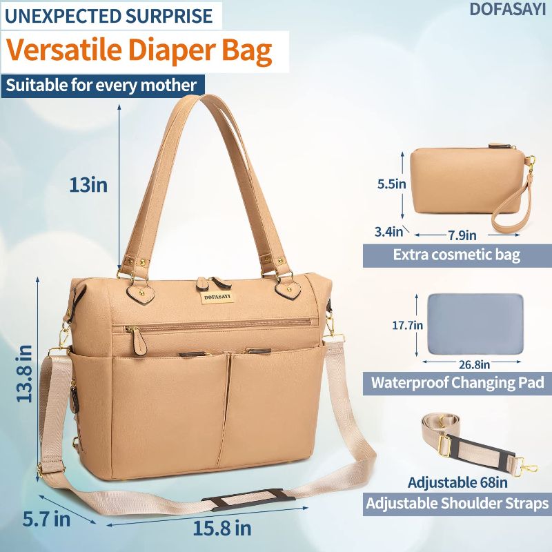 Photo 1 of DOFASAYI Leather Diaper Bag - Fashionable Atmosphere Leather Diaper Bag Backpack for Mom and Dad, Diaper Bag Tote with Changing Pad, Cosmetic Bag, Messenger Strap, Stroller Hook, Beige