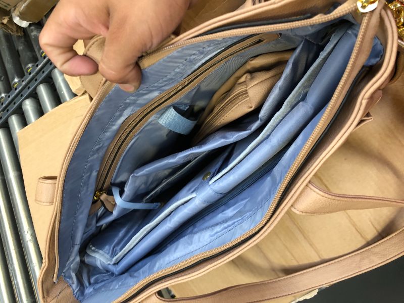 Photo 1 of DOFASAYI Leather Diaper Bag - Fashionable Atmosphere Leather Diaper Bag Backpack for Mom and Dad, Diaper Bag Tote with Changing Pad, Cosmetic Bag, Messenger Strap, Stroller Hook, Beige
