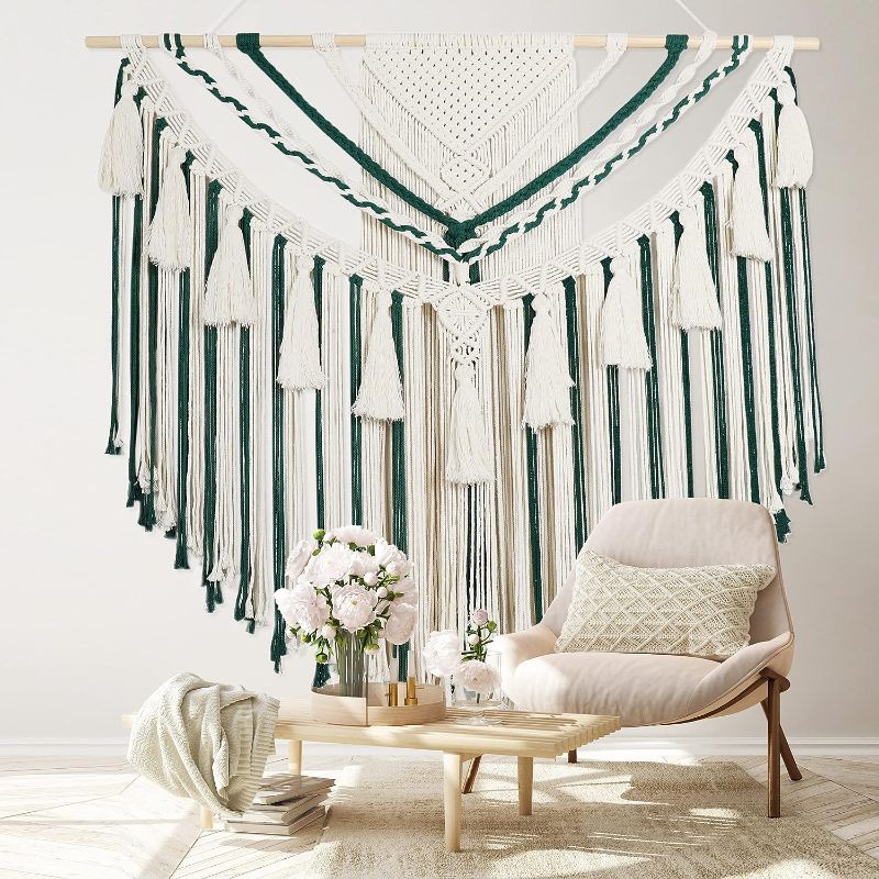 Photo 1 of C Macrame Wall Hanging Nature Cotton, Large Macrame Tapestry Wall Art, Boho Woven Tassel Yarn Tapestry, Above Bed Wall Decor for Bedroom, Bohemian Home Decor, Banner Shape 47.2''L"*42.1''H"?White-grey