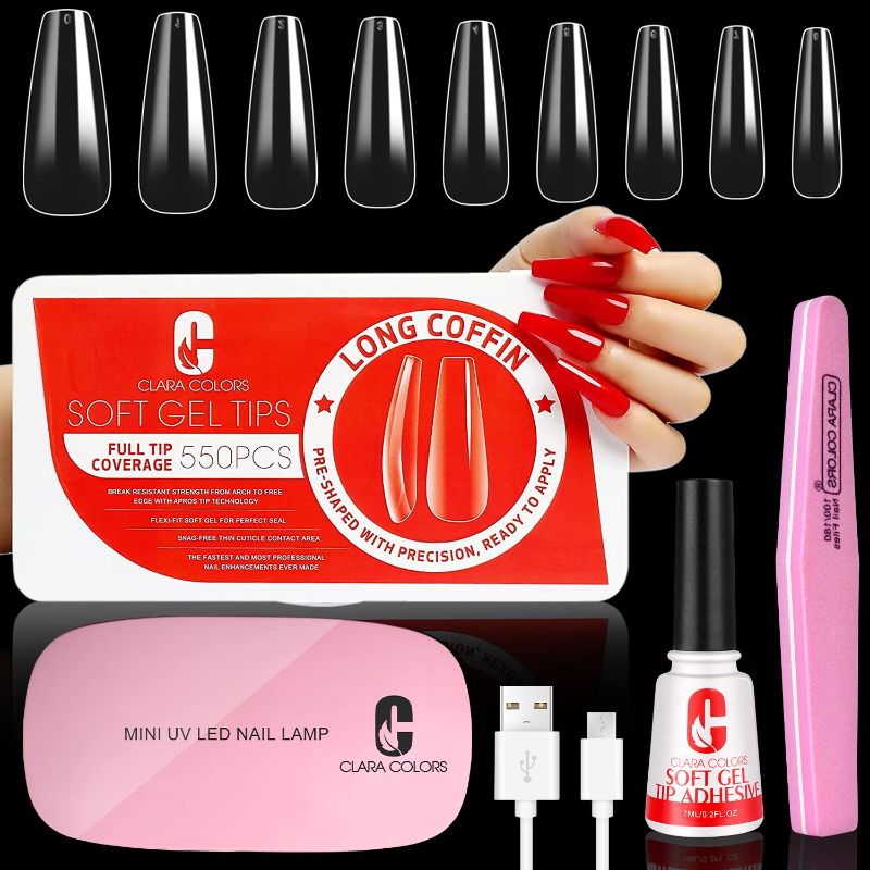 Photo 1 of Clara Colors Nail Tips and Glue Gel Kit - Gel x Nail Kit 550Pcs Soft Gel Nail Tips  Long Coffin Shape with Mini LED Nail Lamp