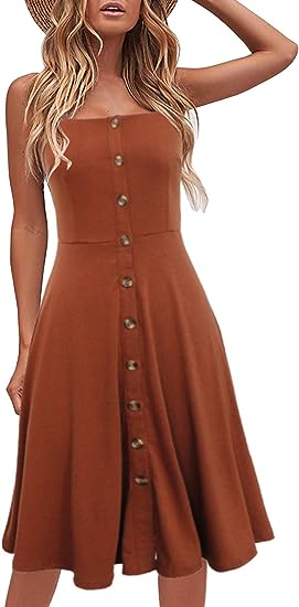 Photo 1 of Berydress Women's Casual Beach Summer Dresses Solid Cotton Flattering A-Line Spaghetti Strap Button Down Midi Sundress - SIZE XL COLOR BROWN