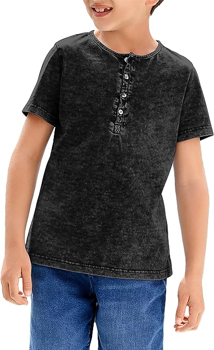 Photo 1 of Boys Distressed Henley Shirts Vintage V Neck Short Sleeve Shirts Cotton Casual Button Down Washed T Shirts FITS AGE 3-5