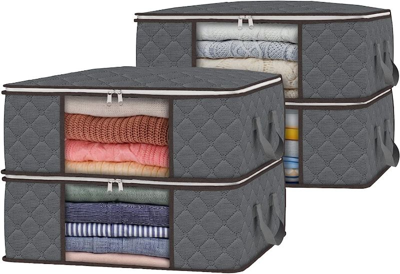 Photo 1 of 4 Pack Clothes Storage Bag Storage Bins Foldable Closet Organizer Bags with Clear Window Sturdy Zipper Reinforced Handle, Storage Containers for for Closet, Dorm, Pillows, Bedding, 36L, Grey