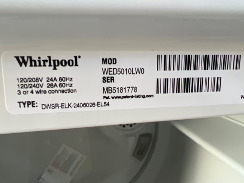 Photo 5 of Whirlpool
7 cu. ft. White Top Load Electric Moisture Sensing Dryer