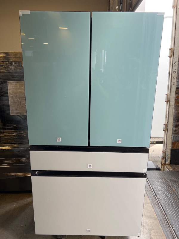 Photo 1 of Bespoke 29 cu ft. 4-Door French Door Smart Refrigerator with Beverage Center in Morning Blue/White Glass, Standard Depth