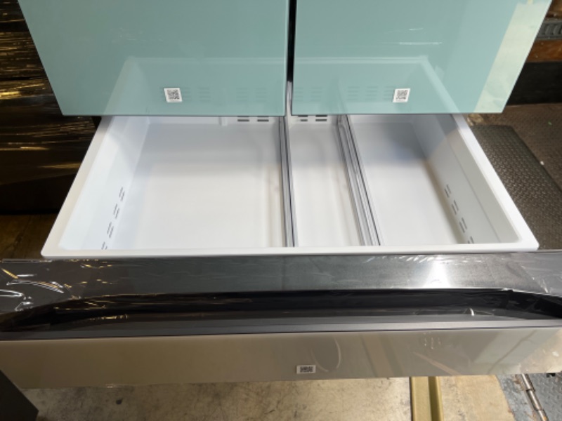 Photo 1 of Bespoke 29 cu ft. 4-Door French Door Smart Refrigerator with Beverage Center in Morning Blue/White Glass, Standard Depth