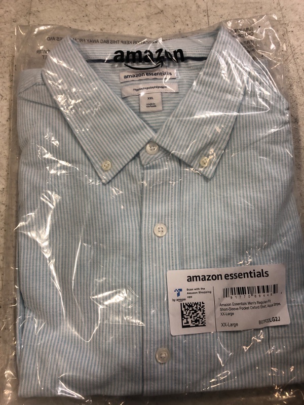 Photo 2 of Amazon Essentials Men's Regular-Fit Short-Sleeve Pocket Oxford Shirt XX-Large Aqua Blue, Stripe